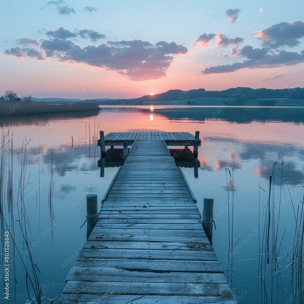 A serene lakeside view at sunset, with the calm water reflecting the pastel colors of the sky and clouds. A wooden pier stretches over the water. A serene lakeside view at sunset, with the calm water reflecting the pastel colors of the sky and clouds. A wooden pier stretches over the water.