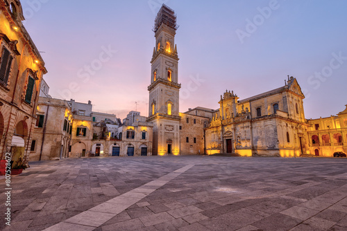 The empty Piazza del Duomo in Lecce, Italy, before sunrise