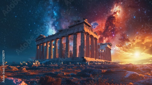 Parthenon under the vast starry night, echoes of ancient glory, tranquil and mystical, AI Generative photo