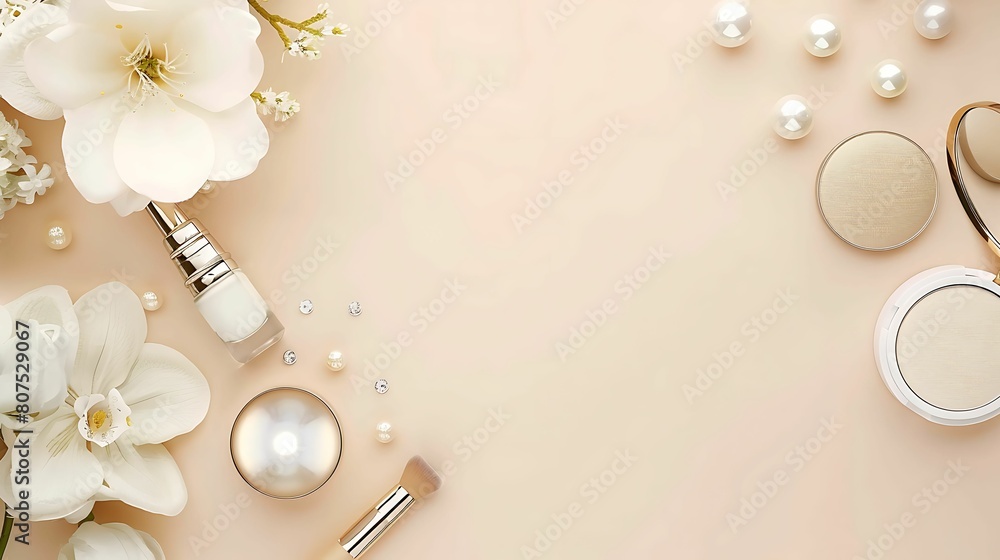 Cosmetic frame, collection of cosmetic beauty products arranged around an empty space on a pastel pink background.