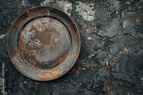Top view photo rusty iron plate dish