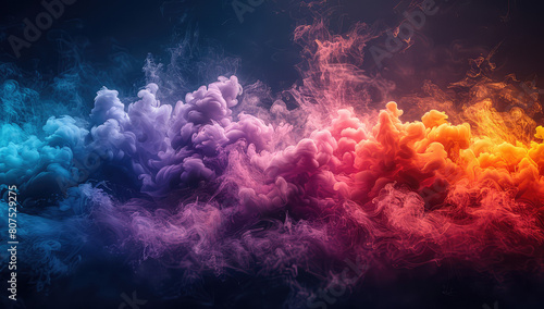 Colorful smoke explosion on a black background, with red, orange, blue, pink and purple colors. Created with Ai