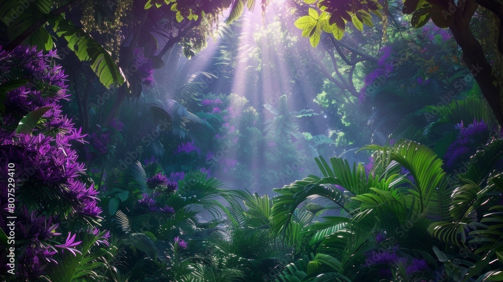 Visualize a lush tropical jungle scene where the foliage comes alive with iridescent glows of purple and blue. AI Generative