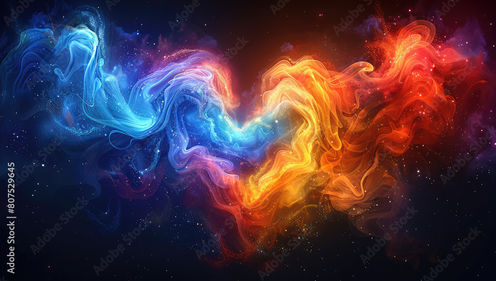 Two swirling colors of fire and ice, representing the balance between passion and calmness, against an abstract background of space or nebulae. Created with Ai 