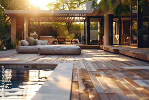 Modern wooden terrace with outdoor furniture and swimming pool in the garden of a modern house © Kien