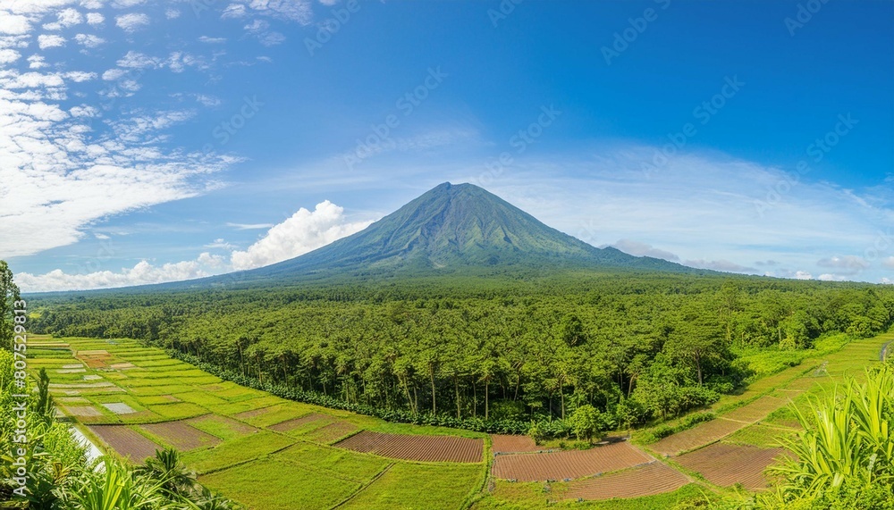 A panoramic view of the iconic Mayon Volcano, with its perfectly symmetrical cone rising majestically above the surrounding landscape A panoramic view of the iconic Mayon Volcano, with its perfectly symmetrical cone rising majestically above the surrounding landscape