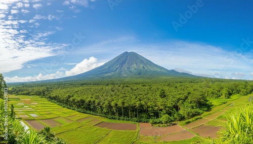 A panoramic view of the iconic Mayon Volcano, with its perfectly symmetrical cone rising majestically above the surrounding landscape photo