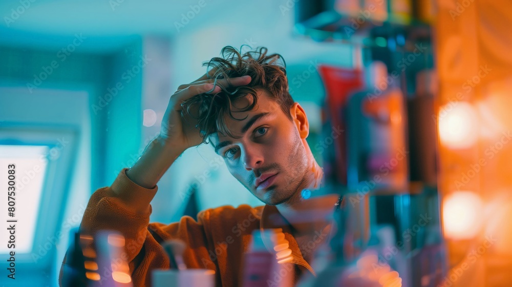 Fashionable young Caucasian man adjusting his hair while surrounded by vibrant bathroom decor, reflecting contemporary grooming Fashionable young Caucasian man adjusting his hair while surrounded by vibrant bathroom decor, reflecting contemporary grooming