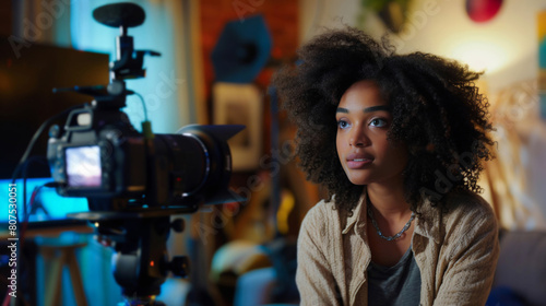 African American woman concentrating on filming with a professional camera setup in a cozy indoor setting photo