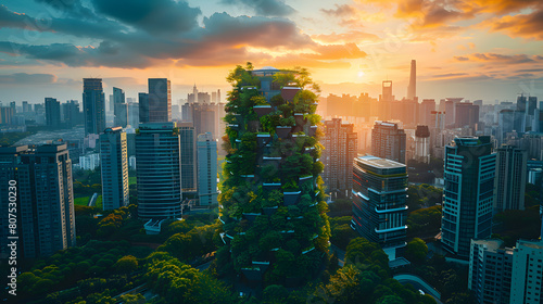 An aerial view of a city skyline at dusk with a skyscraper surrounded by trees. The building towers above the natural landscape  creating a striking contrast against the cloudy sky