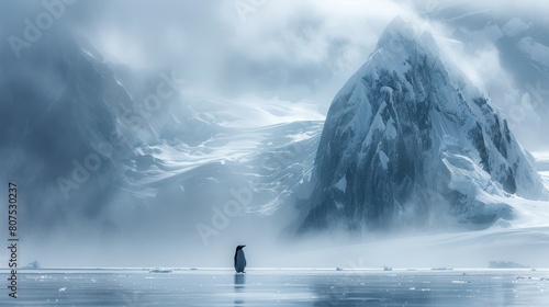Anvers Island, Antarctica, Gentoo Penguin (Pygoscelis papua) standing beneath looming mountains photo