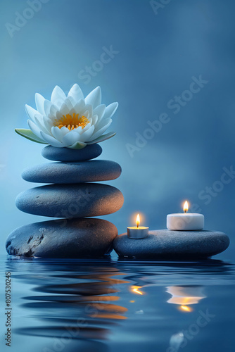Peaceful Zen composition with a water lily atop smoothly stacked stones beside flickering candles, set against a serene blue background