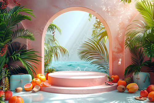 .Empty stylish podium 3D mockup background for beauty product presentation concept. Summer copy space platform surrounded by palm leaves . Cosmetics, perfume or home goods sales advertising stand. © Алина Троева