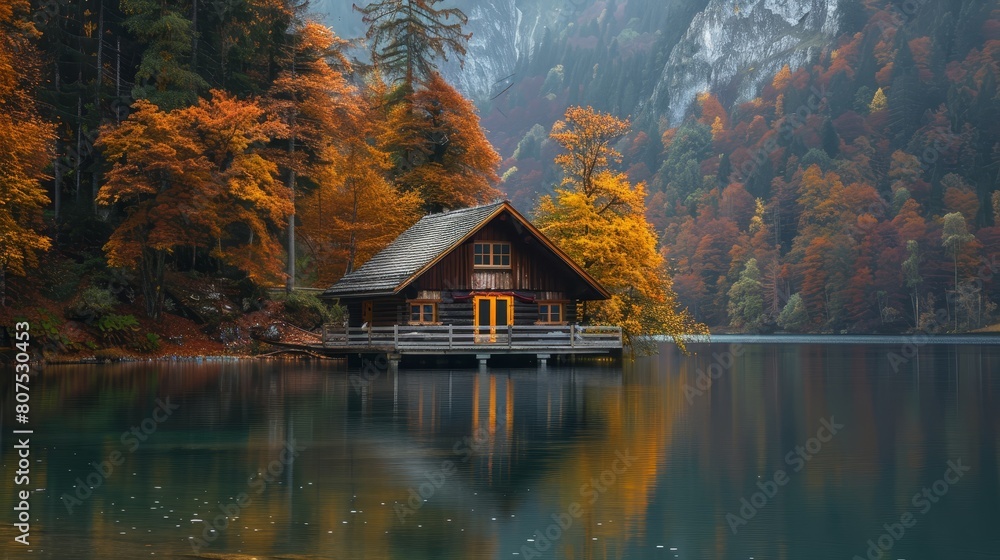 Fototapeta premium Lakeside Cabin Harmony. Concept Nature Photography