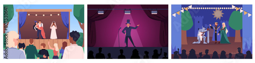 Actors perform in various concert halls. Collection of vector illustrations.