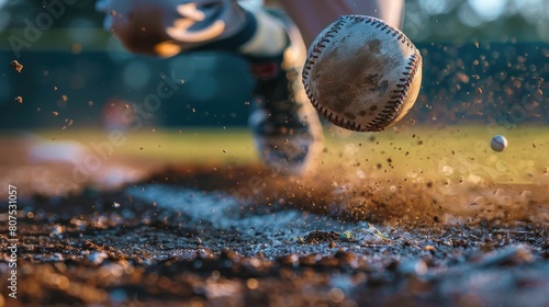 Closeup of Baseball batter hits a ball during the match