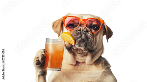 Drunk dog wearing glasses holding and drinking a cocktail on transparent background. © Oulaphone