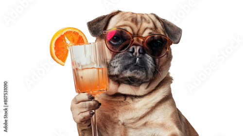 Drunk dog wearing glasses holding and drinking a cocktail on transparent background.