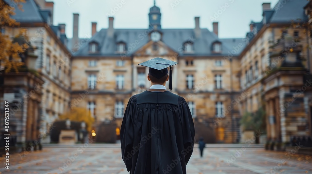 Naklejka premium A young man in a black gown and graduation cap standing in front of a university. A graduate thinking about his future in historic architecture background