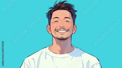 A man with a big smile on his face is wearing a white shirt