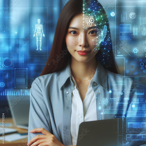 AI and modern businesswoman standing confidently with a digital or technological background.