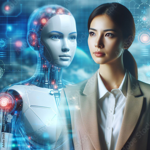AI and modern businesswoman standing confidently with a digital or technological background.