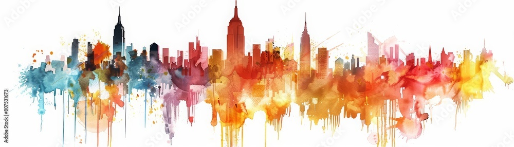 Obraz premium A beautiful watercolor of a vibrant cityscape, teeming with life yet peaceful, elegantly displayed on a simple clipart isolated white background
