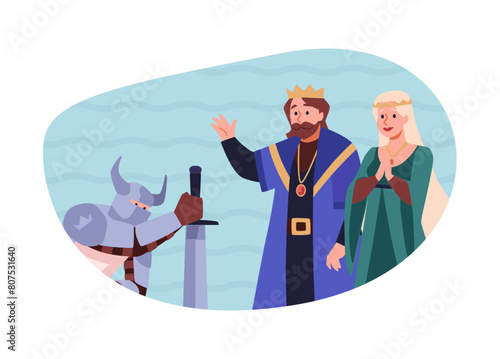 Theatre actors knight in armor with sword on knees in front of king and queen vector flat, medieval kingdom performance