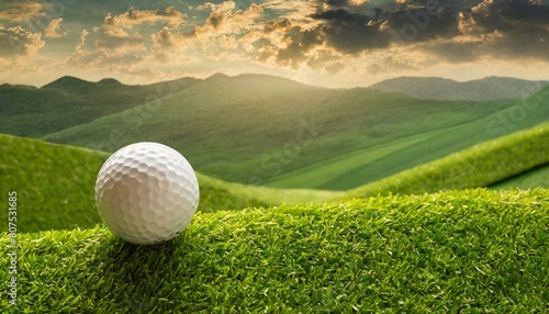 creative golf background, golf ball on green grass texture, golf ball