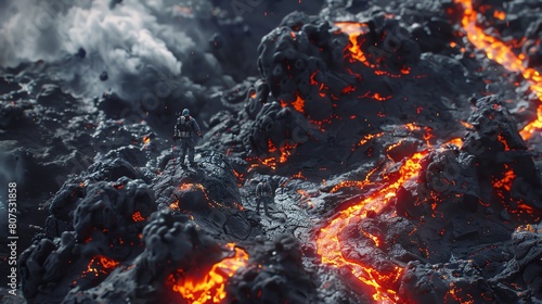 Craft a striking illustration in digital CG 3D style depicting a birds-eye view of lava fields with tiny human figures in survival gear