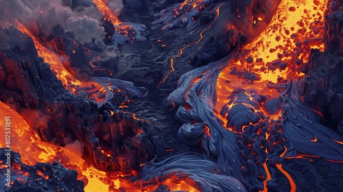 Create an eye-catching Pop Art piece showcasing a birds-eye view of lava flows