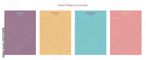 (Fashion) set of 4 Weekly Planner. Minimalist planner template set. Vector illustration.
