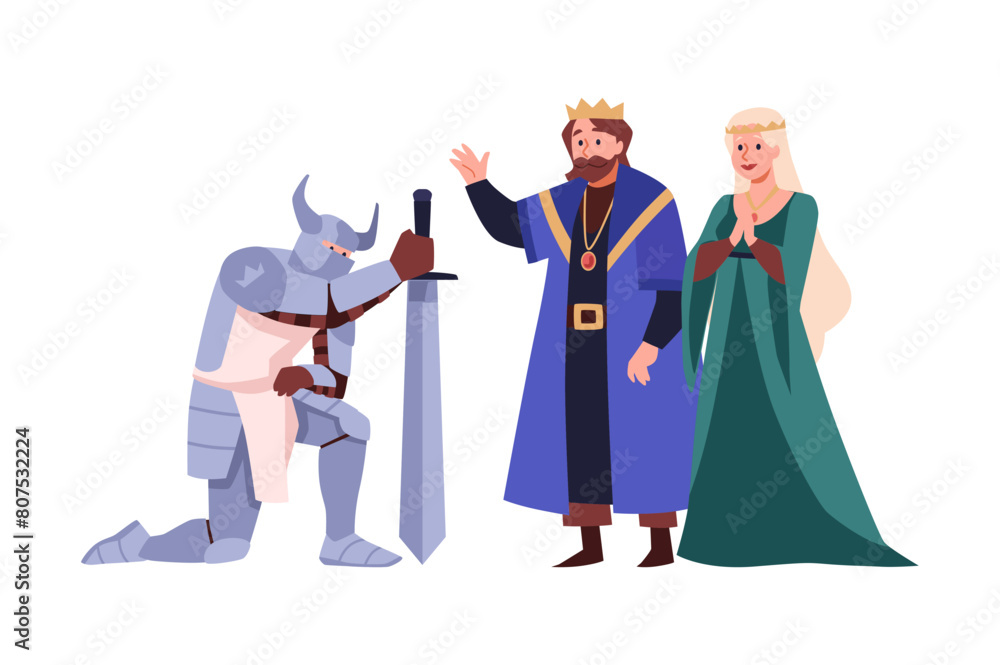 Theatre actors playing knight in armor with a sword on knees in front of king and queen vector flat, medieval kingdom