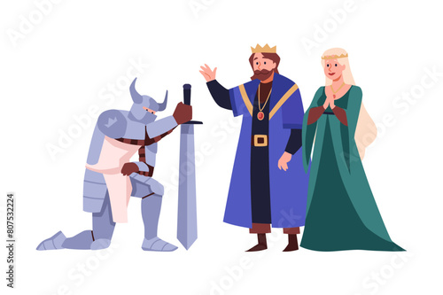 Theatre actors playing knight in armor with a sword on knees in front of king and queen vector flat, medieval kingdom