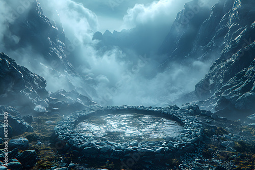 Empty stylish dark menly stone podium 3D mockup background, beauty product presentation concept. Copy space platform surrounded by rocks mountains fog fire . Cosmetics, perfume sales advertising stand