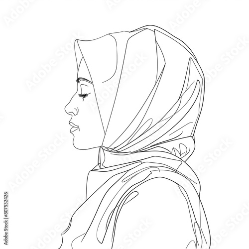 Beautiful arabic woman vector line art with boho elements minimal muslim drawing wearing a hijab
