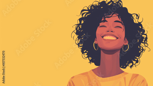 A woman with curly hair is smiling and wearing a yellow shirt