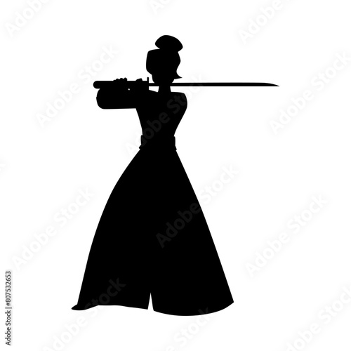 Samurai woman character in black and white icon on isolated background.