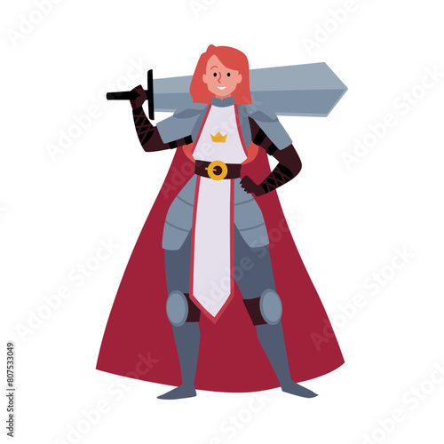 Armored beautiful woman medieval knight with huge sword, vector cartoon warrior woman in armor and red cape soldier
