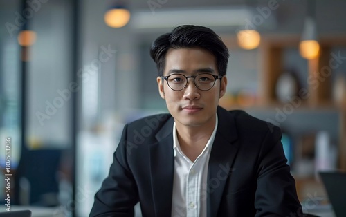 Wallpaper Mural Portrait of handsome young Asian businessman wearing glasses in dark suit, working in office. handsome and strong man Torontodigital.ca