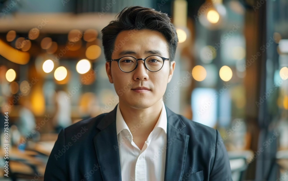 Portrait of handsome young Asian businessman wearing glasses in dark suit, working in office. handsome and strong man Portrait of handsome young Asian businessman wearing glasses in dark suit, working in office. handsome and strong man