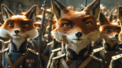 Cute and clever Fox soldier Army in uniform and holding weapon.