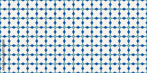 Tessellation tile pattern. Seamless beautiful contemporary Nanyang style pavement texture in vector. Blue, green and cream print and digital wallpaper resource. (ID: 807534004)