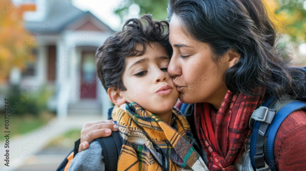 Fototapeta premium Mother giving her son a reassuring kiss before school, capturing the loving support that helps children face new challenges.