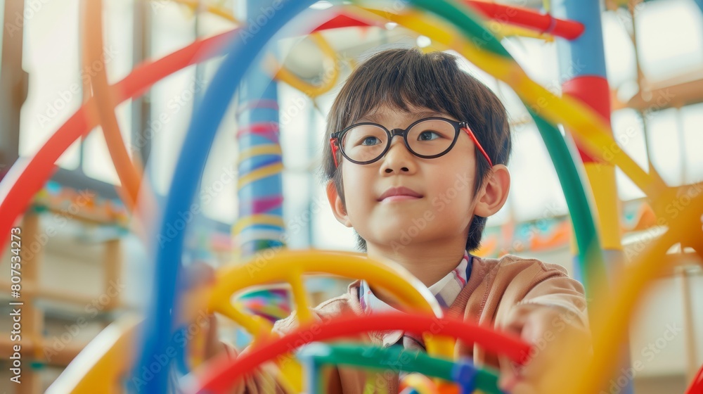 Boy with glasses playing with a colorful toy track, great for educational and playful themes. Boy with glasses playing with a colorful toy track, great for educational and playful themes.