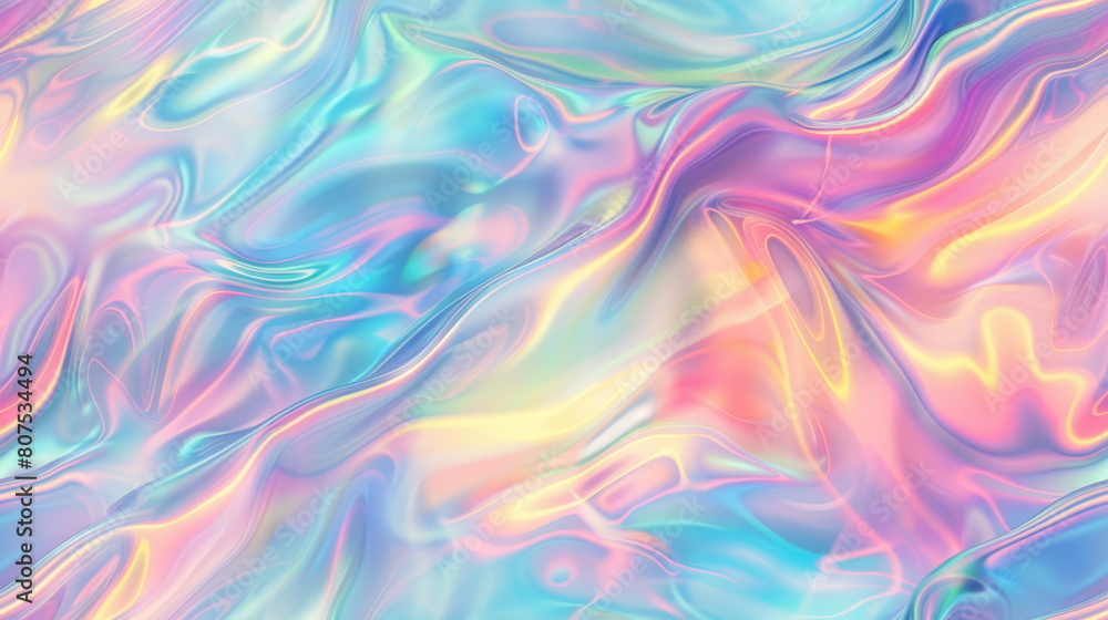 Obraz premium Seamless pattern. Fluid holographic swirls in pastel tones, ideal for modern abstract backgrounds or wallpapers.