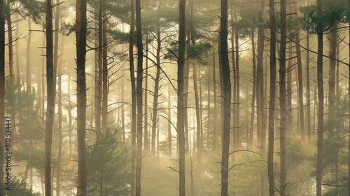 Seamless pattern. Misty forest scene with pine trees, suitable for tranquil nature wallpapers or soothing backgrounds. © mashimara