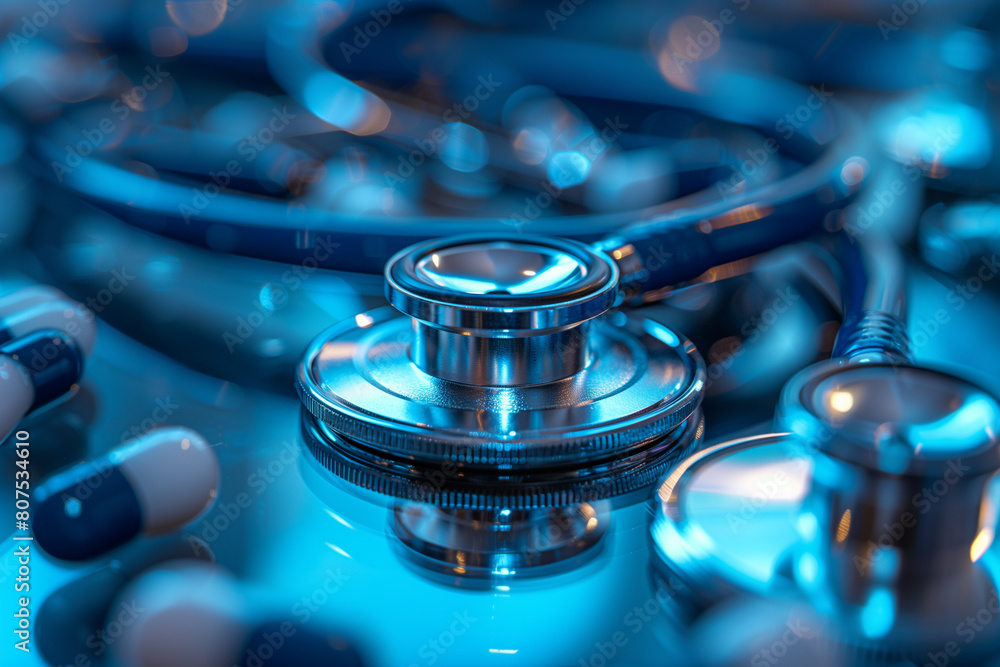 Stethoscope and Pills Close-Up Stethoscope and Pills Close-Up