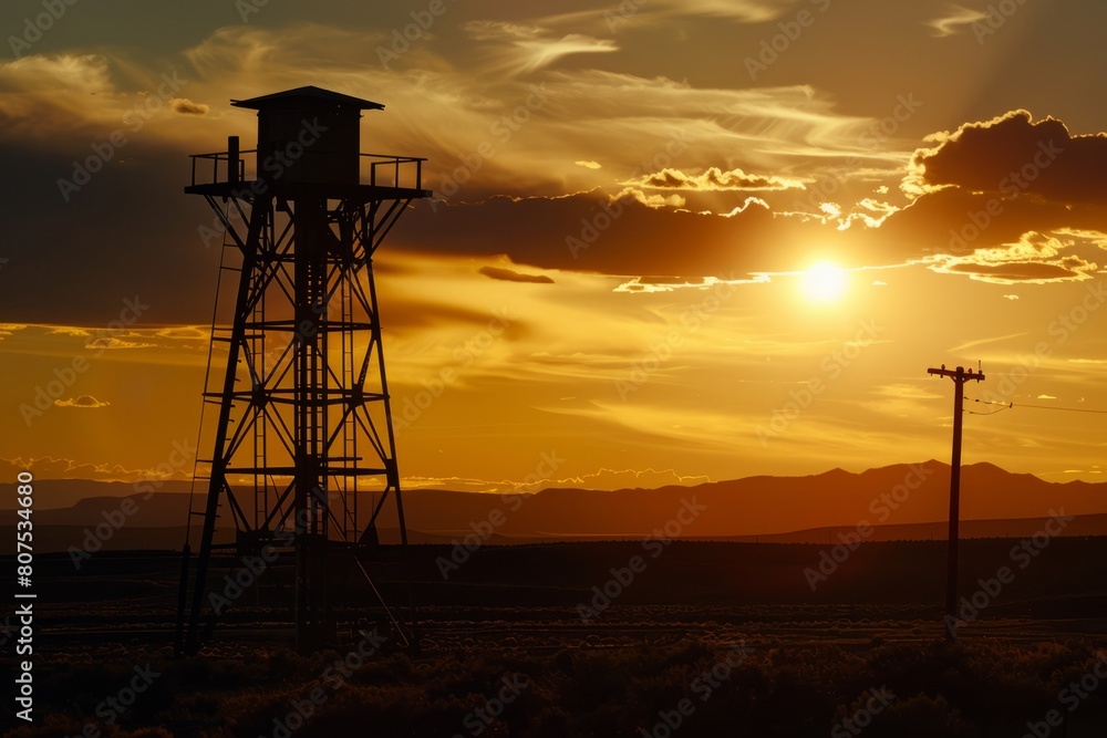 A lone mining tower standing against the backdrop of a setting sun, its silhouette a stark reminder of the industry that once thrived, Generative AI