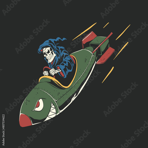 Grim reaper flying an atomic bomb vector illustration